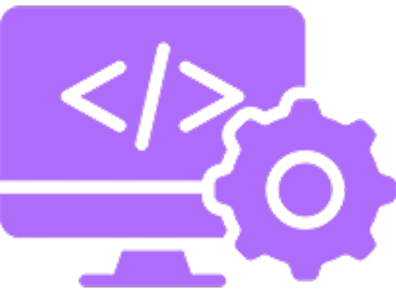 Computer screen with code and gear icon.