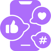 Purple smartphone with social media icons.