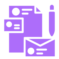 Purple stationery icons on black background.