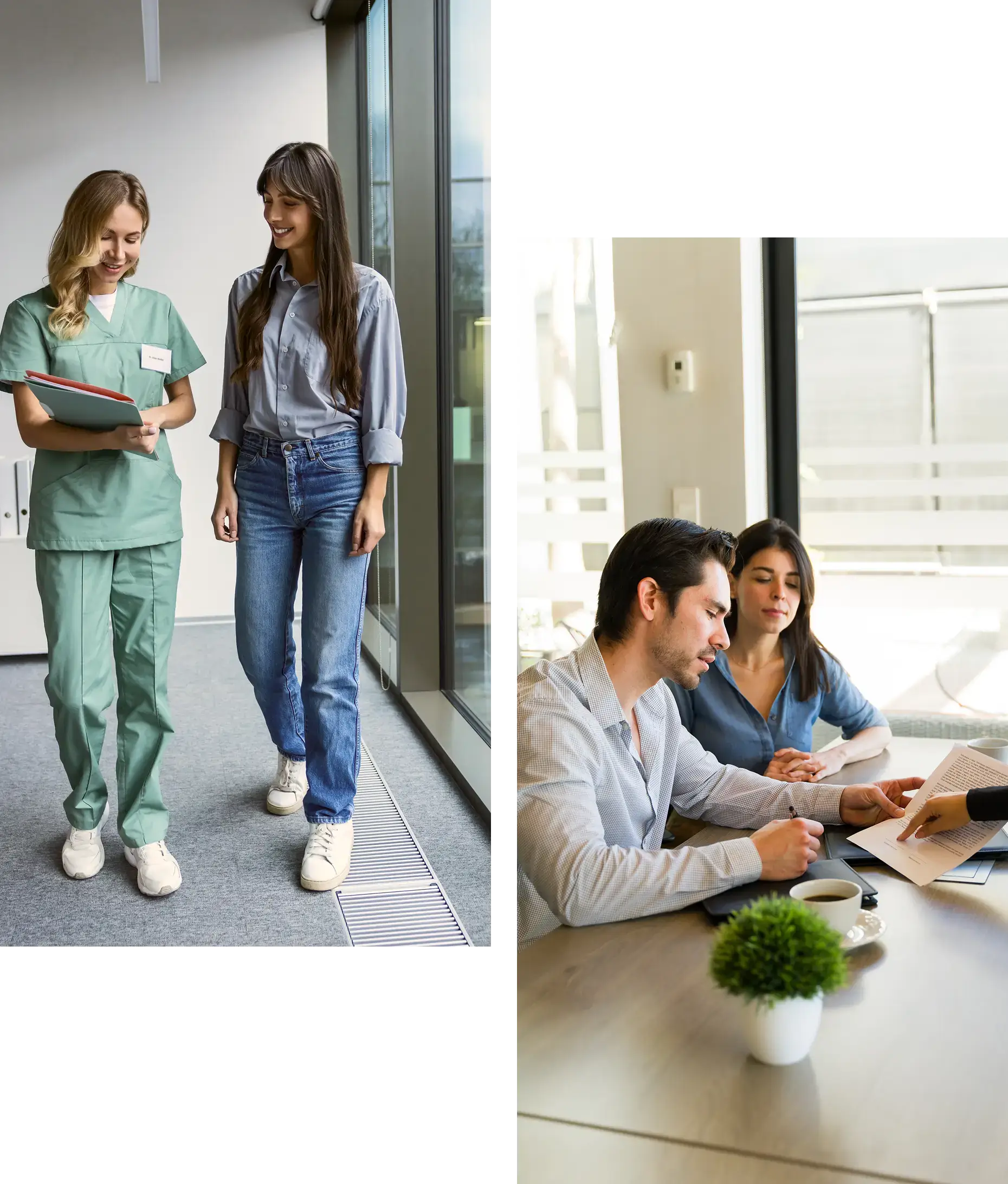 Healthcare professionals walking; colleagues meeting at table.