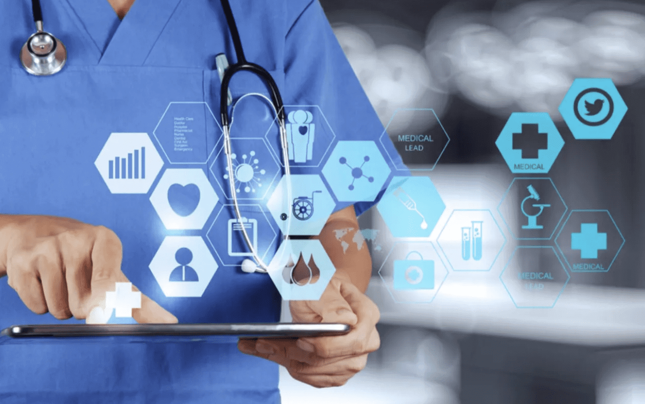 Doctor using a tablet with digital medical icons floating around.